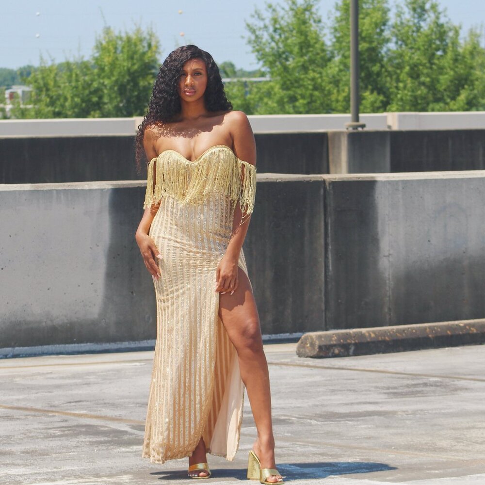 MEDIUM Gold Fringe Trim Gown